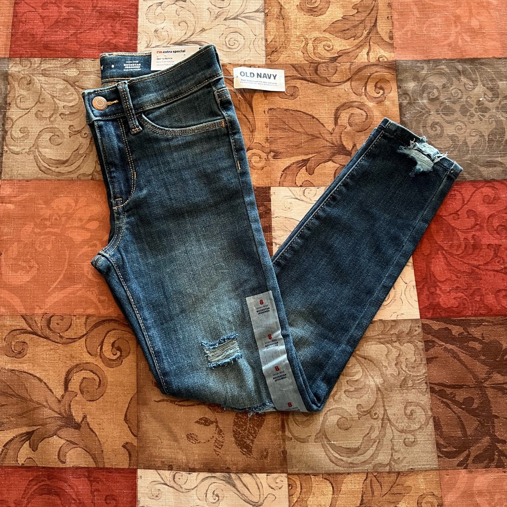 Old Navy High Rise Rockstar Jegging Girls 8 Jeans Stretch Adjustable Distressed